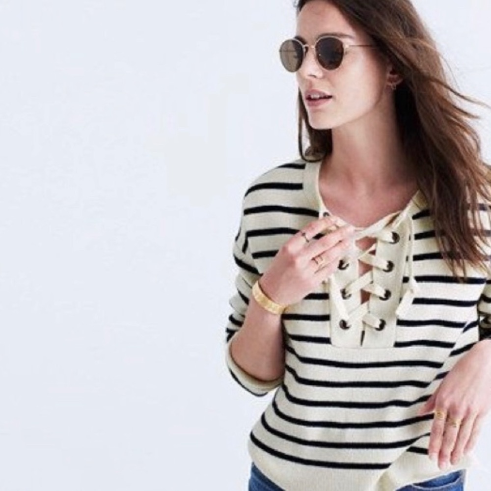 madewell stripe lace-up pullover sweater